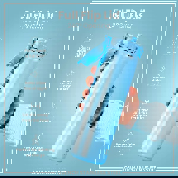 A light-blue stainless steel water bottle, with a full flip lid that opens 240°, is being held; against a light-blue background.