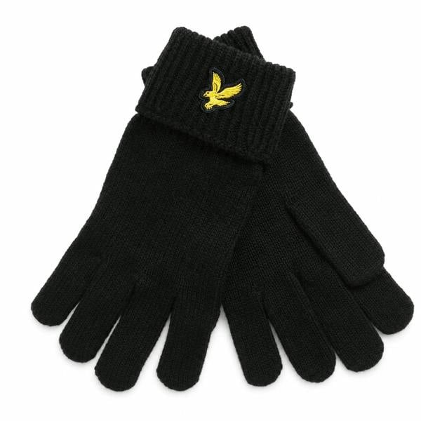 Lyle & Scott jet black merino wool blend gloves with a ribbed cuff and yellow embroidered eagle logo.