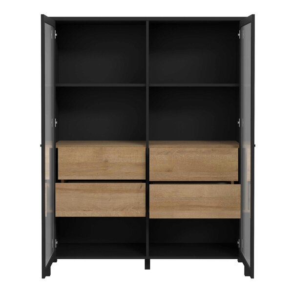 Wyld Haus Egtved Black and Natural Oak Wood Effect Large Wide Display Cabinet 2 Doors 4 Drawers