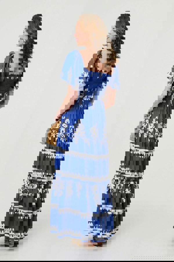 Blue | Ikat Print Short Angel Sleeve Maxi Dress
