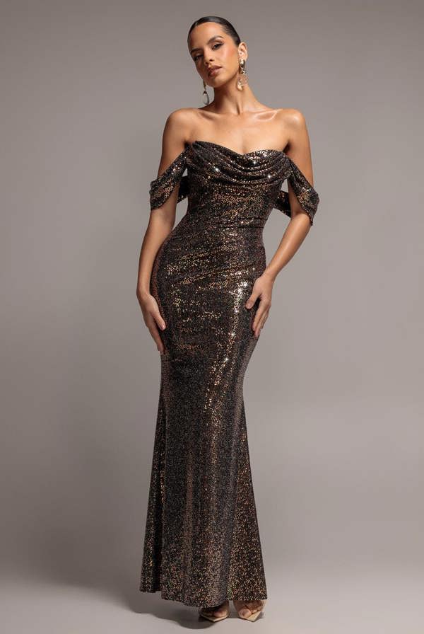 Sequin Lurex Off Shoulder Cowl Bardot Maxi Dress - Gold Multi DR5332