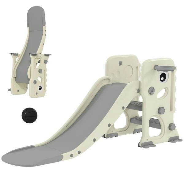 Cream white kids indoor slide with climber and basketball hoop, gray slide surface