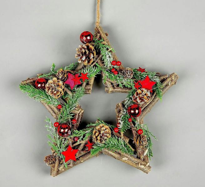 35cm B/O LED Twig Hanging Star Red Festive Decoration with Warm White Lights image 1