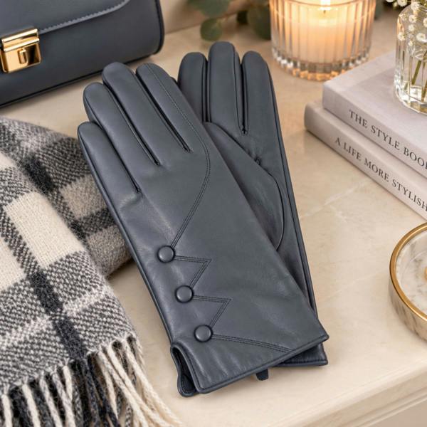 Love EMVY Ladies Faux Leather Gloves with Soft Lining & Button Detail