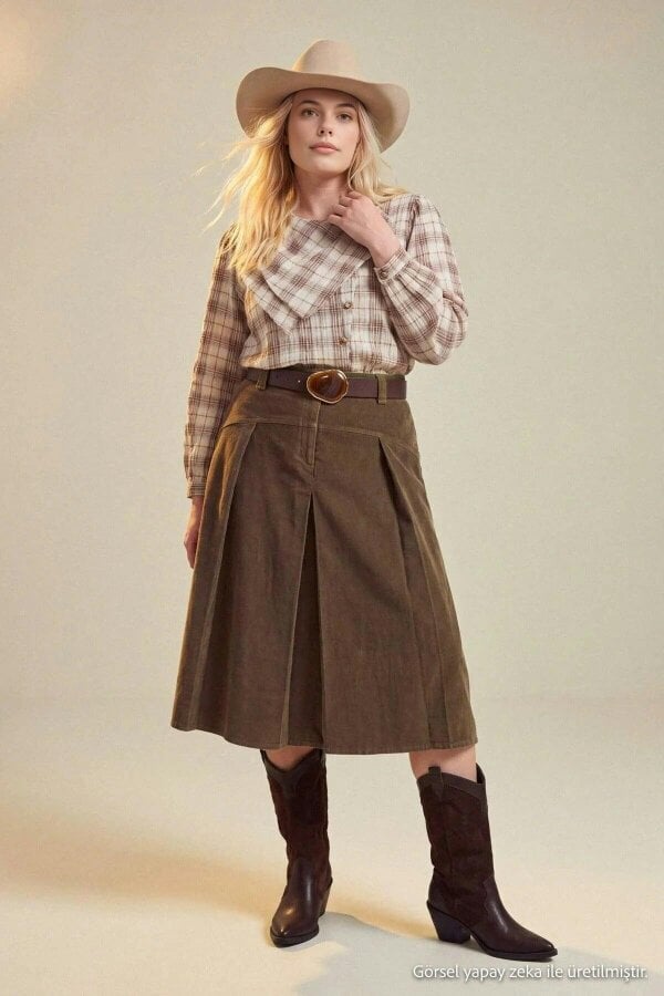 WOVCOR High Waisted Pleated Midi A-Line Skirt