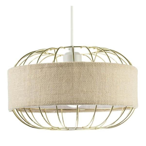Unique Pendant Shade with Gold Metal Wire Frame and Linen Fabric Band Image 1