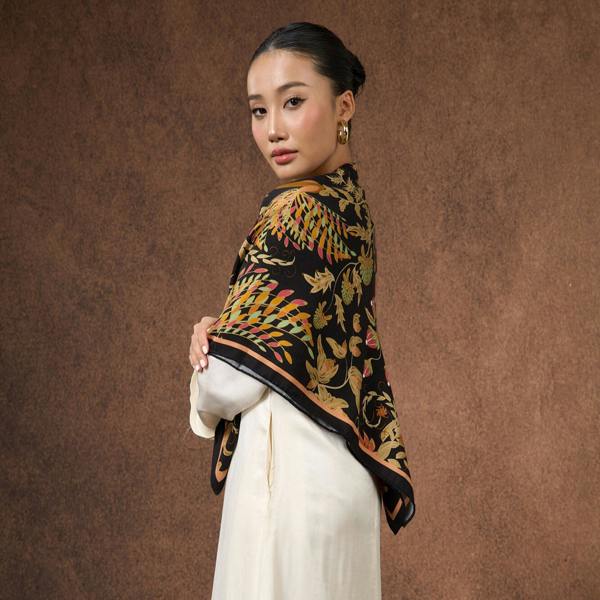 Phoenix Garden Wool Silk Scarf – Black Floral Wrap, Hand-Rolled Hem, Winter Gift
