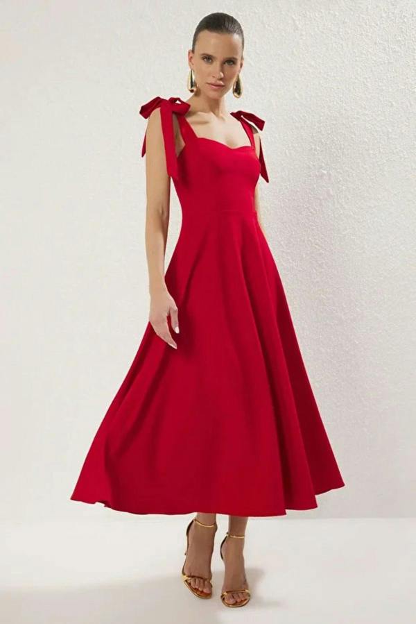 Hoxton Gal Elegant Woven Midi A-Line Dress with Tie-Strap Detail