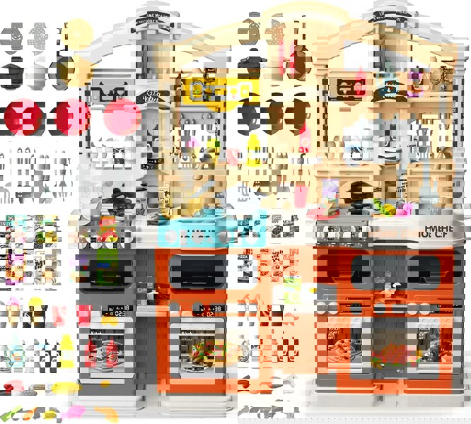 deAO Toys Kids Kitchen Playset with Sound, Lights, Steam Boil Effects Pretend Play Kitchen Set Role Play Toys with Kitchen Accessories