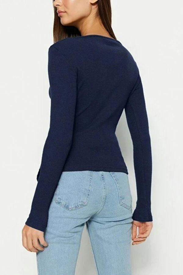 WOVCOR Double Breasted Collar Long Sleeve Ribbed Knit Blouse