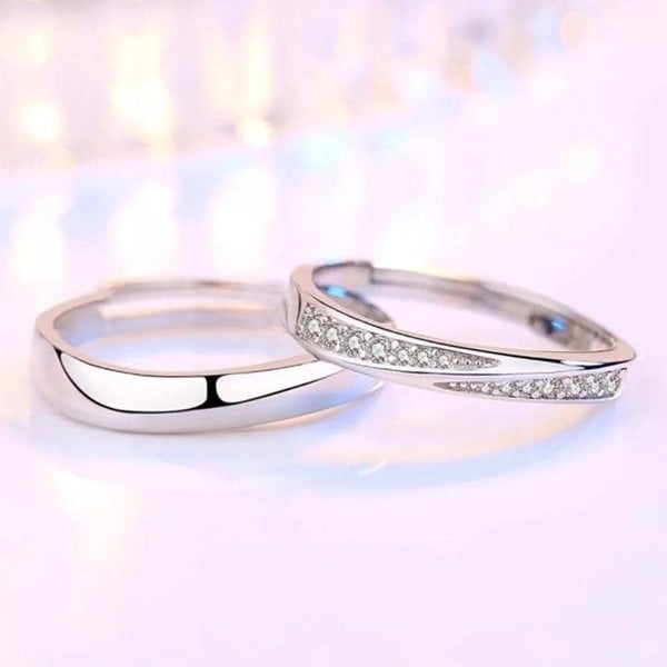 The Colourful Aura Adjustable Silver Plain Couple Promise Band Zircon Ring Set