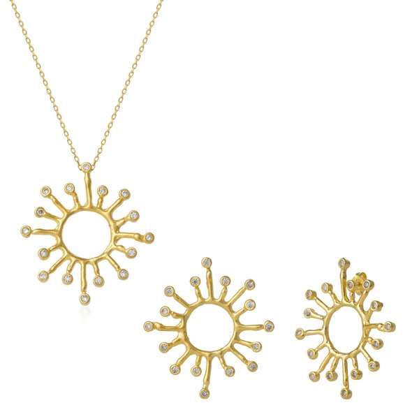 Spero London Sun Sunburst Large Textured Molten Sterling Silver Earrings and Necklace Set