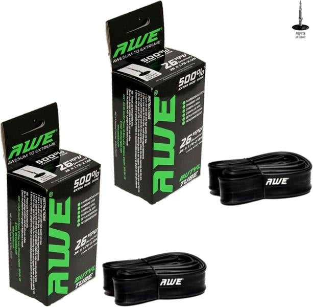 Awe 2 x Butyl Rubber 26" x 1.75-2.125 Inner Tube 500%* Extra Ride Time Presta Valve