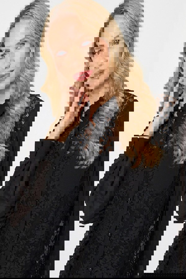 Black | Floral Lace Semi Sheer Long Sleeve Shirt
