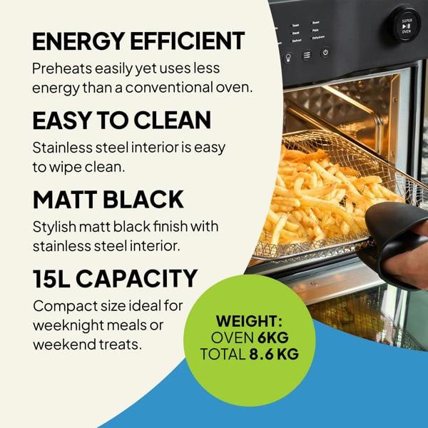 The Fridja f66 Super Oven - 15L Digital Air Fryer Oven features a PFAS-free stainless steel interior, energy-efficient convection cooking, stylish matt black finish, spacious 15L capacity, and lightweight design—perfect for healthy fries and more.
