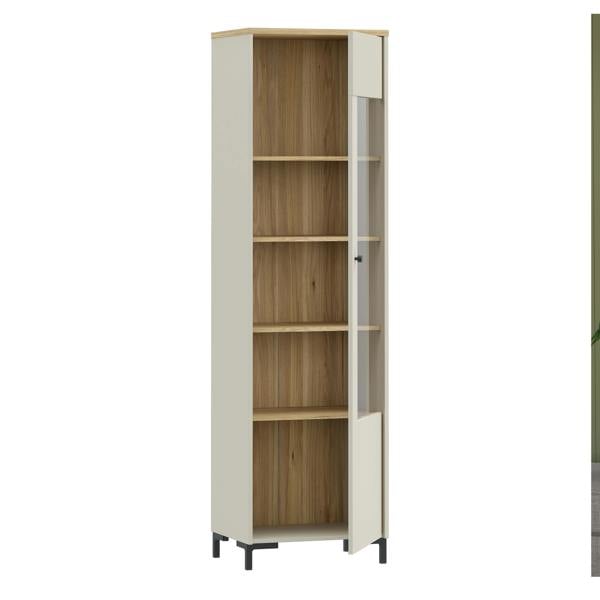 Furniture To Go Bixbite Tall Display Cabinet with Fluted Detail, Door & Open Shelving in Mauvella Oak and Sand