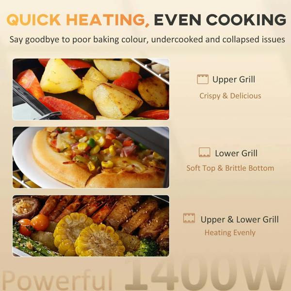 Black countertop oven with open door and heating element views
