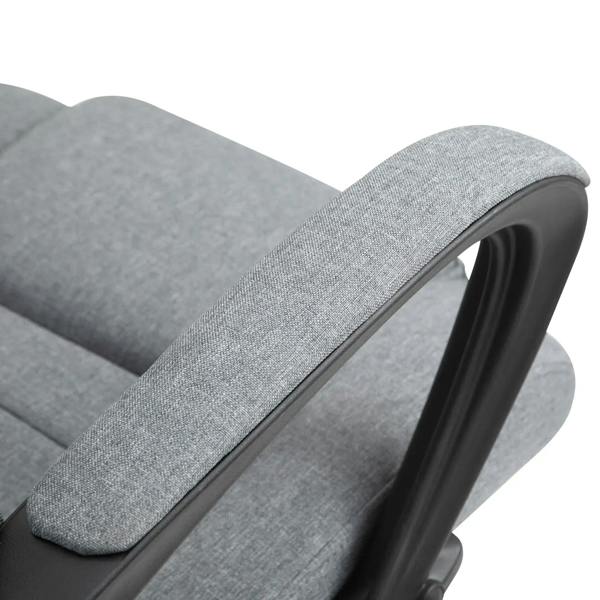 Dark grey linen-look office chair armrest and curved back frame close-up