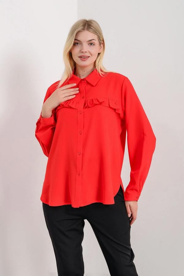 Hoxton Gal Oversized Frill Detailed Long Sleeves Blouse Shirt in Red
