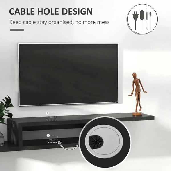 Black TV console featuring cable hole design for organized wiring