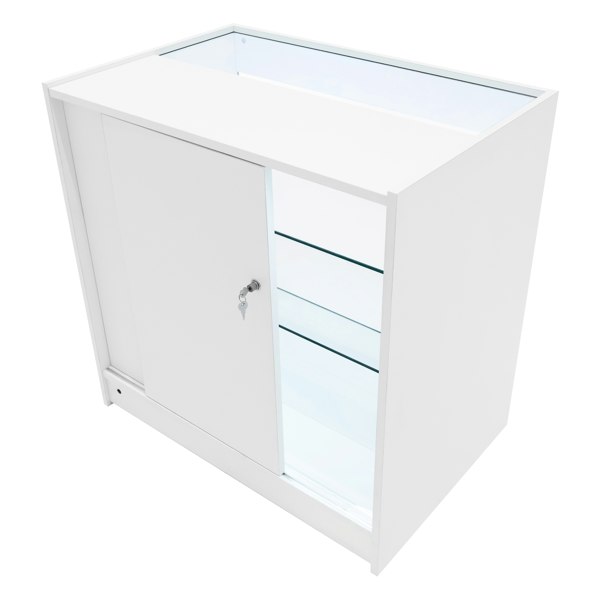 White Aries LED shop counter set featuring sleek design, glass shelves, and a lockable cabinet for secure storage