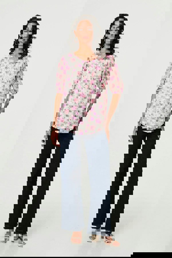 Pink | Floral 1/2 Sleeve Semi Sheer Blouse
