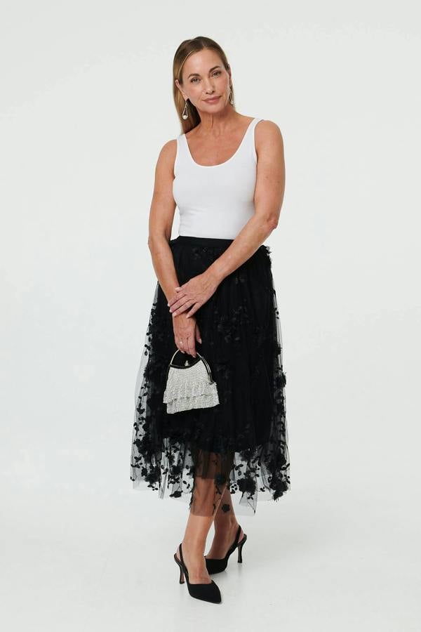 Black | Semi Sheer Embroidered Mesh Midi Skirt