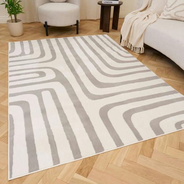Patterned rug on a wooden floor with a sofa and plant in the background
