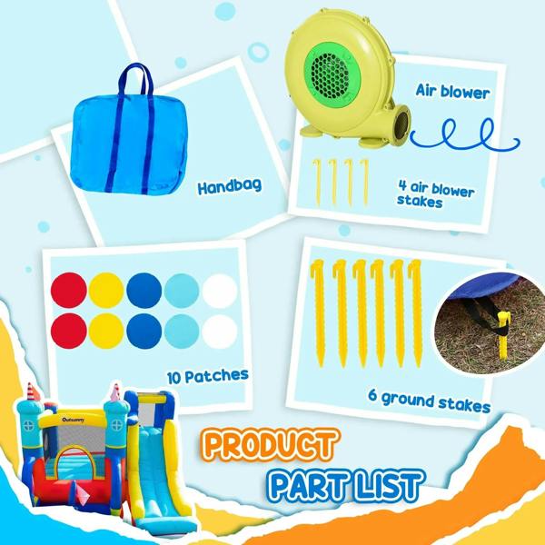 Inflatable bounce house blower with carry bag, patches, and ground stakes, multi-color kit