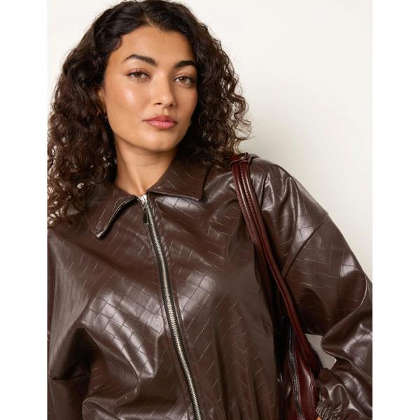Blue Vanilla Square Collar Zipper PU Leather Bomber Jacket