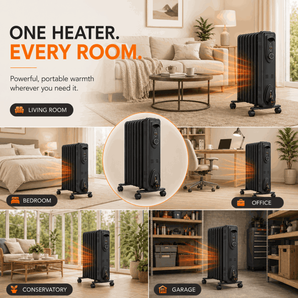 MYLEK Oil Filled Radiator 2000W Portable Heater Thermostat 3 Heat Settings Grey