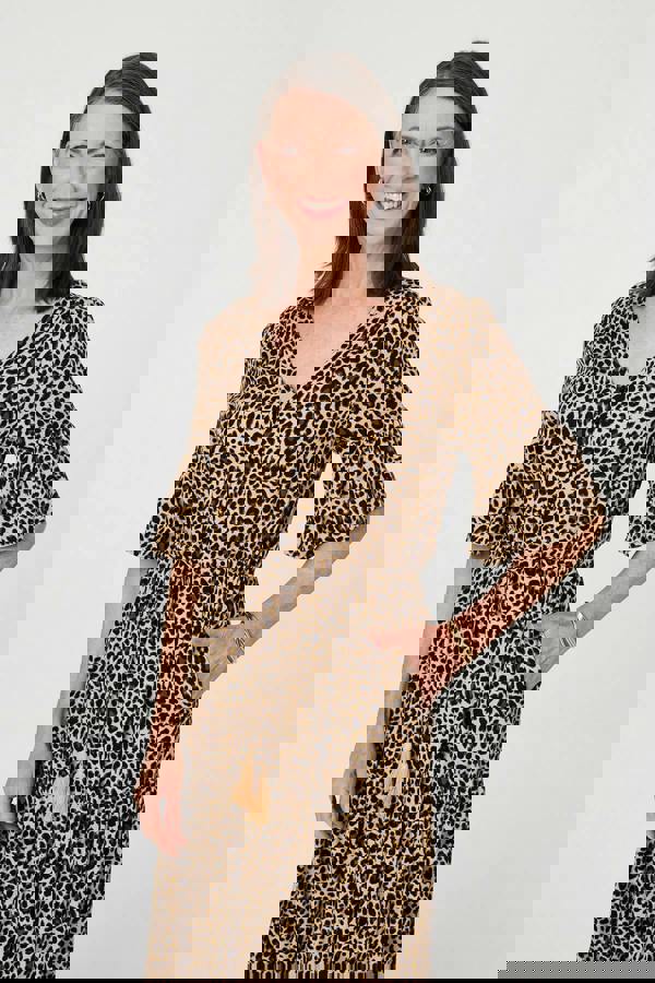 Beige | Animal Print 3/4 Flare Sleeve Maxi Dress