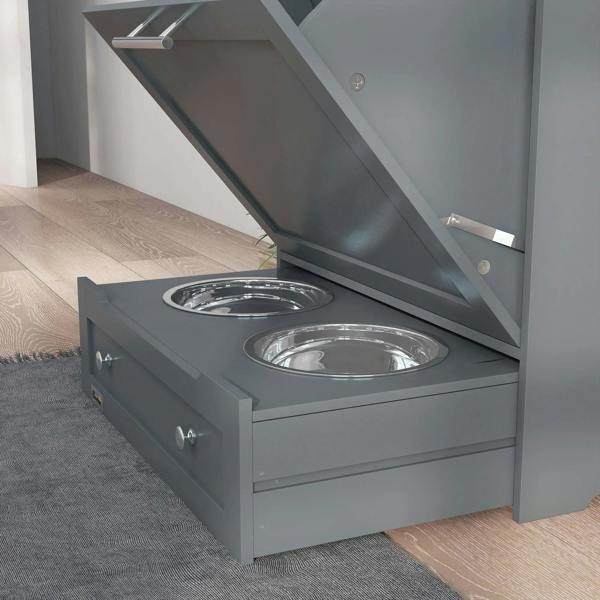Grey pet feeder cabinet with two raised stainless steel bowls in open drawer