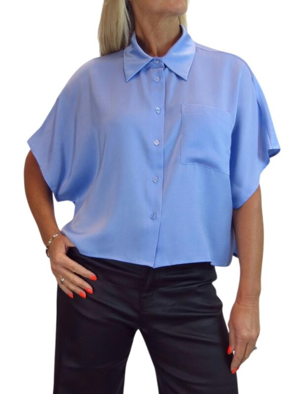 Paulo Due Women's Cropped Satin Shirt Short Sleeve Batwing Blouse - Blue
