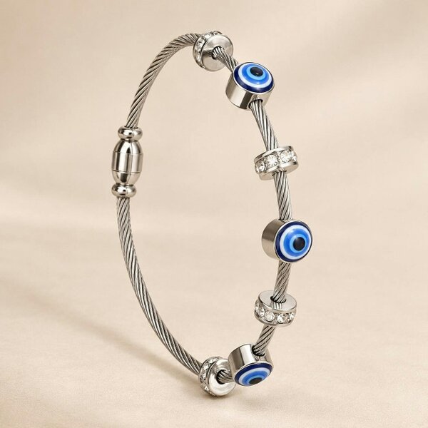 The Colourful Aura Blue Evil Eye Brass Gold Zircon Magnetic Bangle Bracelet - Silver
