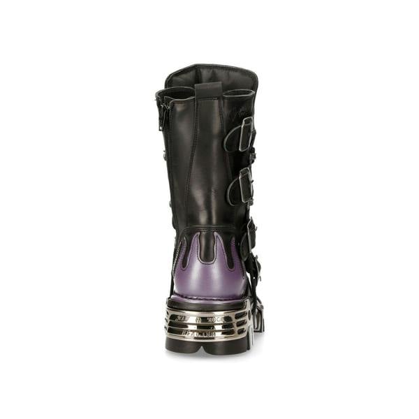 New Rock Flame Accented Black/Red Leather Biker Skull Boots- M-591-S5