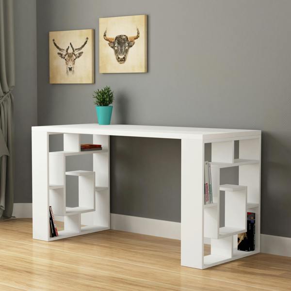 Decortie Labirent Modern Desk with Bookshelf Legs White Anthracite Grey 137cm