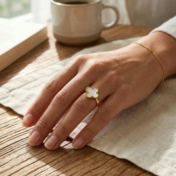 The Colourful Aura Gold Tone Four Leaf Clover Adjustable Ring, Black, White or Gold