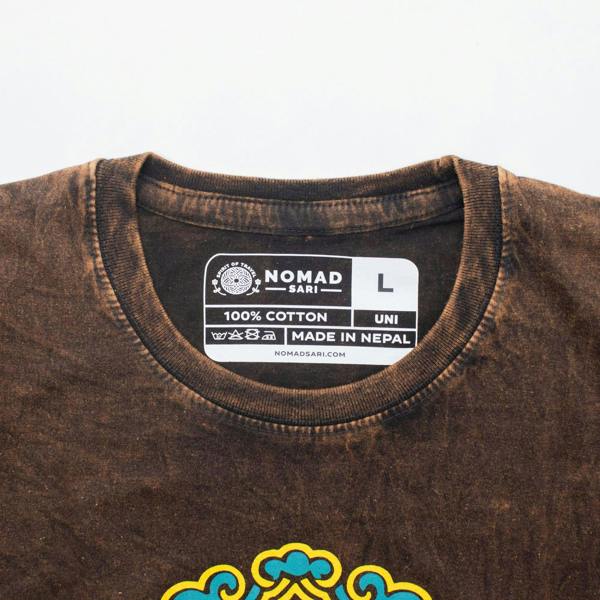 Brown crewneck cotton T-shirt with chest print and size/care label at neckline
