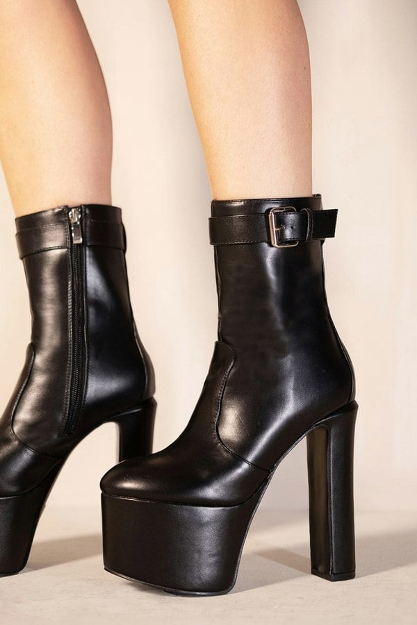 Where's That From Jeanne Platform Block Heel Ankle Boots With Buckle Fastening in Black Faux Leather