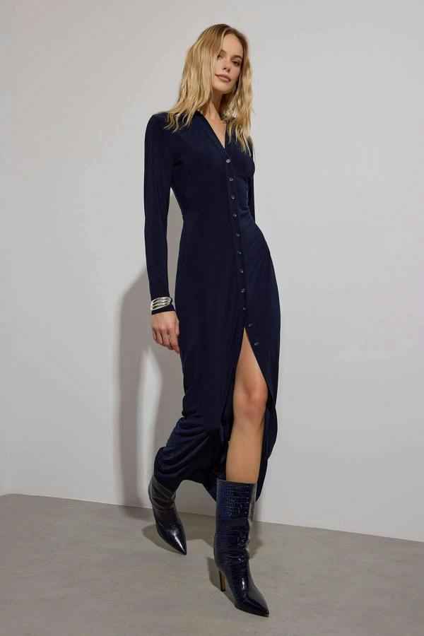 WOVCOR Polo Collar Buttoned Bodycon Maxi Knit Shirt Dress