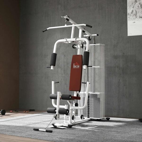 White multi-function home gym station with cable tower, maroon pad, and black roller supports