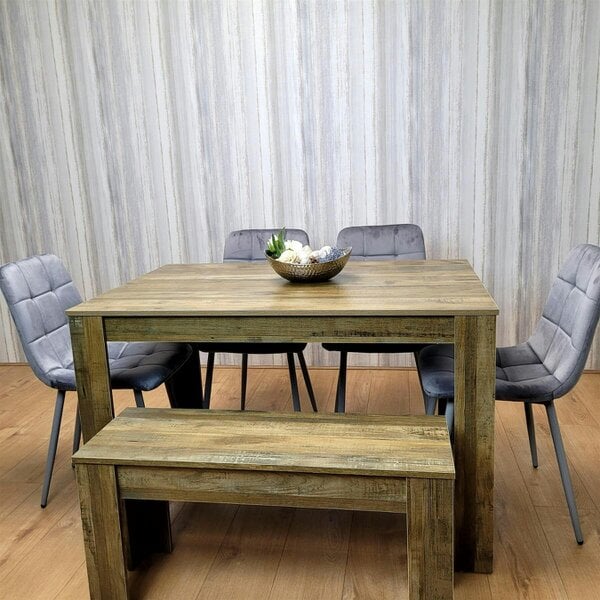 Kosy Koala Wooden Dining Table Set for 6 Rustic Effect Table With 4 Grey Velvet Chairs and 1 Bench