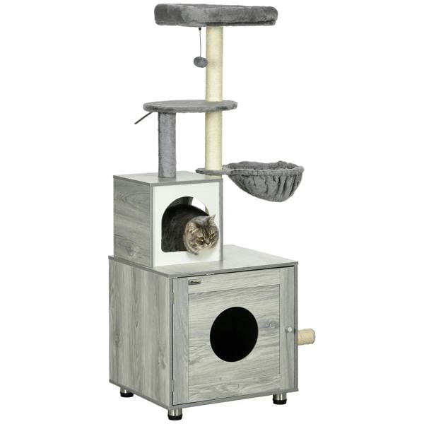 Grey enclosed cat litter box with cat house, scratching posts, platforms and cushioned perch