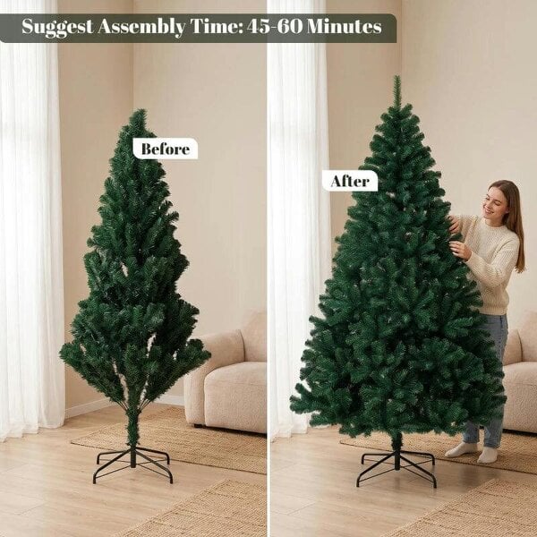 Bobobiy 7ft Artificial Christmas Tree, Fir Hinged Xmas Tree with 1100 Branch Tips, Foldable Steel Stand, Green