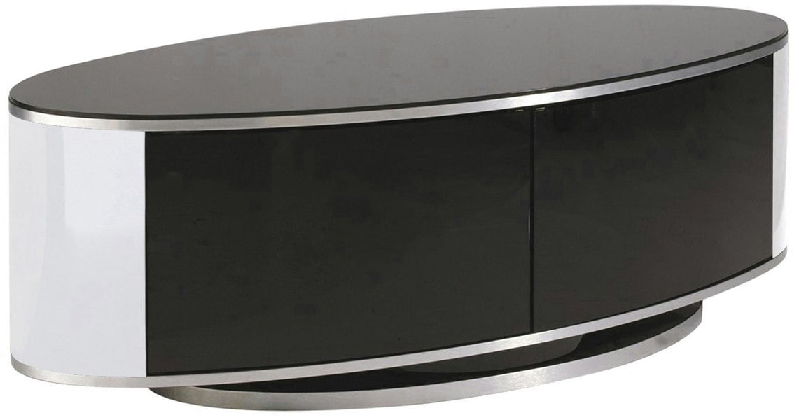 MDA Designs LUNA Gloss Black Oval Cabinet with White Profiles and Black BeamThru Glass Doors Suitable for Flat Screen TVs up to 50"