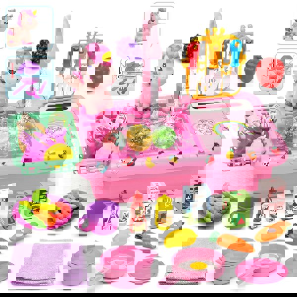 deAO Toys Unicorn Kitchen Sink Playset – Pretend Food, Cookware, Hanging Rack & Storage. Fun Role-Play Toy for Kids