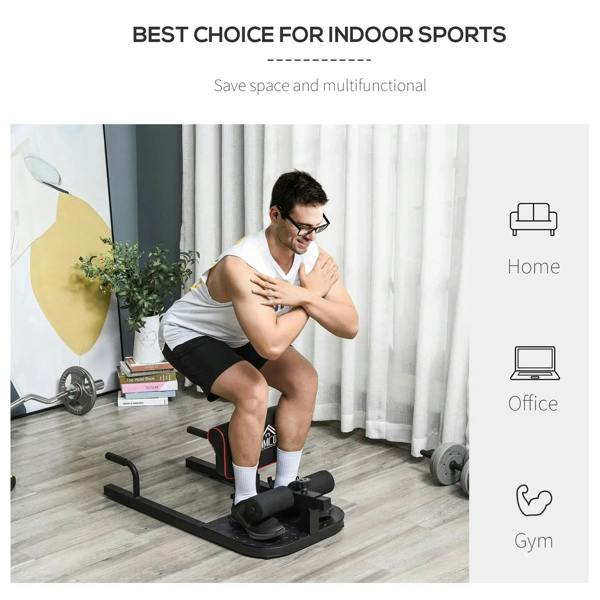 Black hip thrust bench with padded backrest and push-up handles for home workout