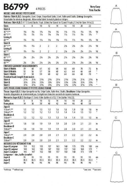 Butterick Sewing Pattern 6799, Skirts for Women, A5 (6-8-10-12-14) - Easy