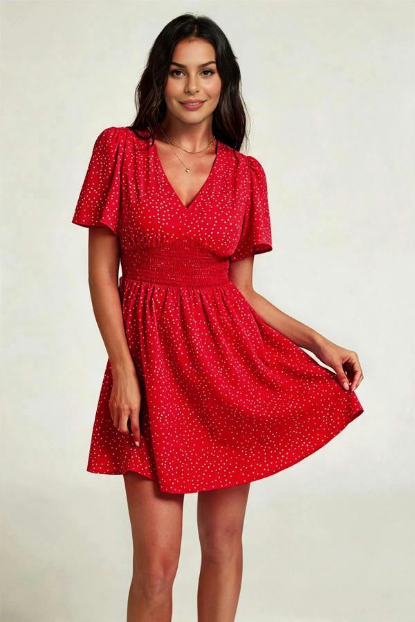 FS Collection Dot Print Short Sleeve Mini Dress In Red